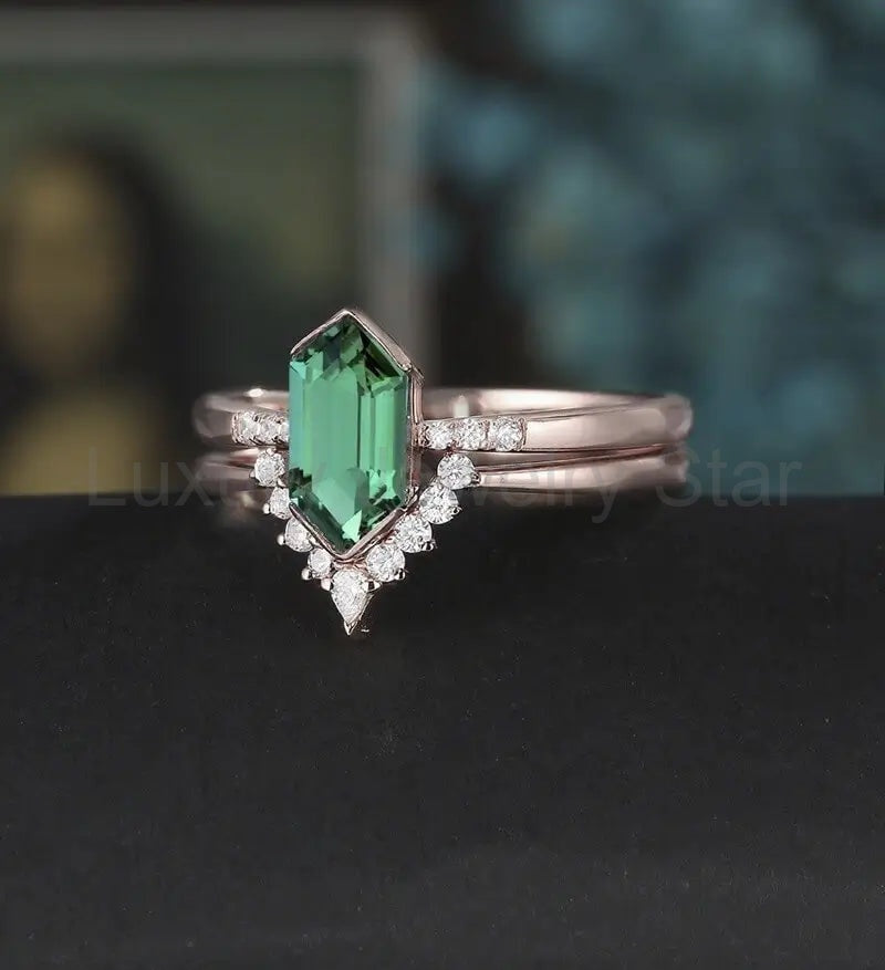 Long Hexagon Emerald Engagement Ring Set Solid Gold Bridal Set Moissanite Dimond Bridal - image 3