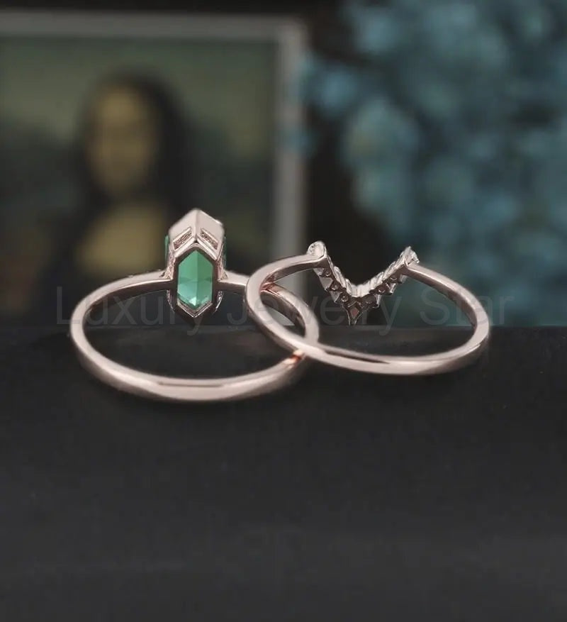 Long Hexagon Emerald Engagement Ring Set Solid Gold Bridal Set Moissanite Dimond Bridal - image 4