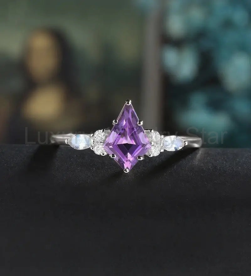 Kite Amethyst Engagement Ring Solid White Gold Marquise Monstone Ring Anniversary Diamond Wedding