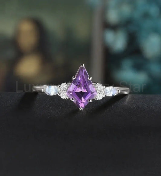 Kite Amethyst Engagement Ring Solid White Gold Marquise Monstone Ring Anniversary Diamond Wedding