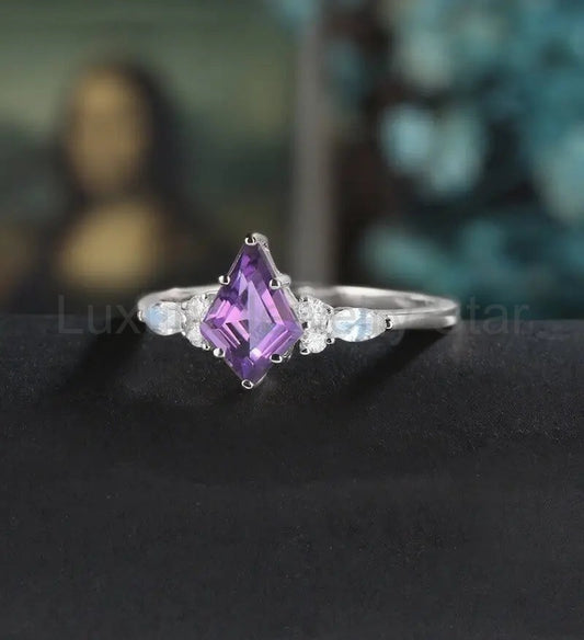 Kite Amethyst Engagement Ring Solid White Gold Marquise Monstone Ring Anniversary Diamond - image 2