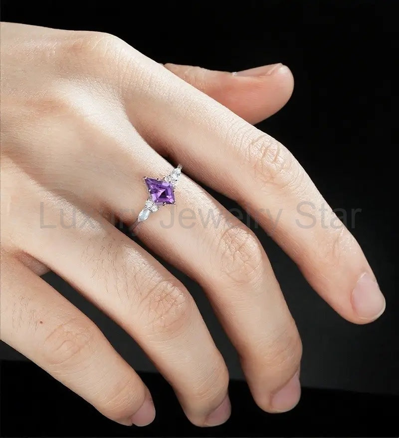 Kite Amethyst Engagement Ring Solid White Gold Marquise Monstone Ring Anniversary Diamond - image 4