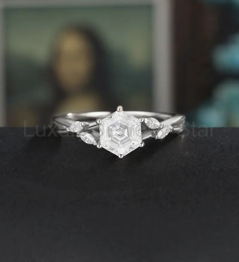 Hexagon Cut Moissanite Engagement Ring Twist Solid Gold Wedding Ring Diamond Vintage Rose Gold