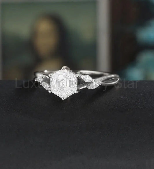 Hexagon Cut Moissanite Engagement Ring Twist Solid Gold Wedding Ring Diamond Vintage Rose - image 2