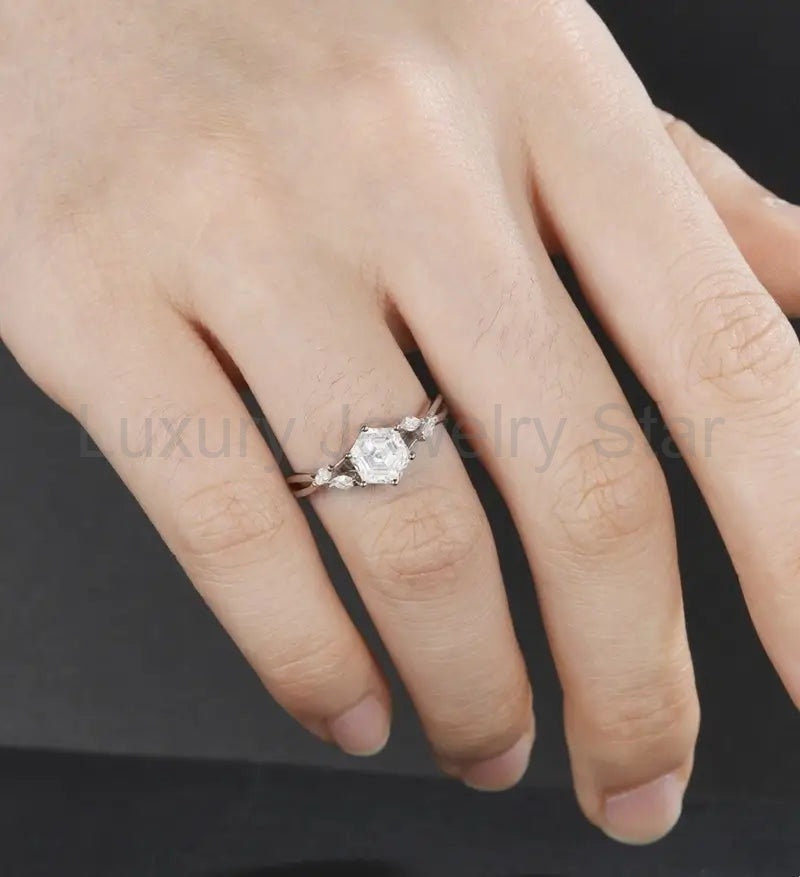 Hexagon Cut Moissanite Engagement Ring Twist Solid Gold Wedding Ring Diamond Vintage Rose - image 4