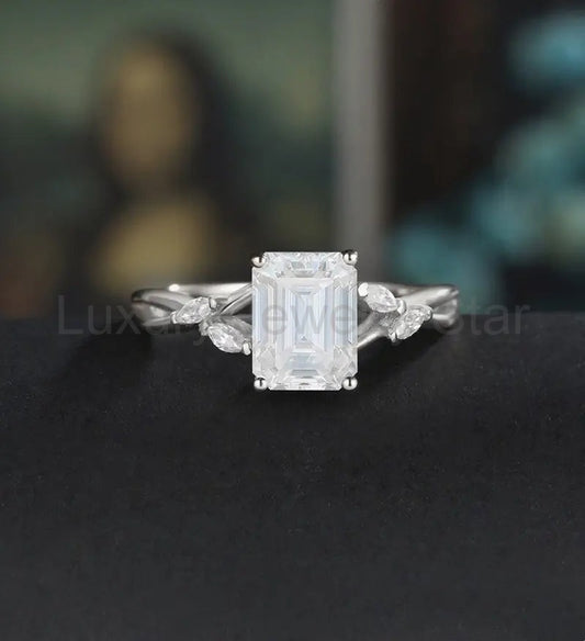 Emerald Cut Moissanite Engagement Ring Twist Solid Gold Wedding Ring Diamond Vintage Rose Gold