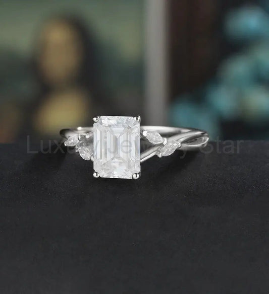 Emerald Cut Moissanite Engagement Ring Twist Solid Gold Wedding Ring Diamond Vintage Rose - image 2