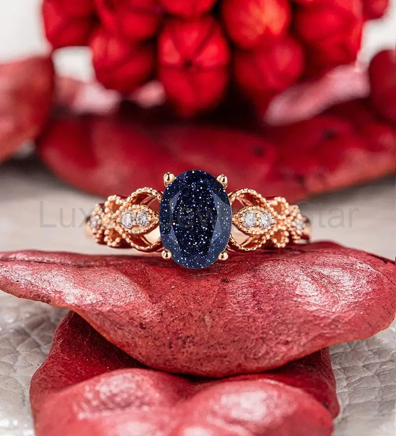 Oval Cut Blue Sandstone Engagement Ring Moissanite Diamond Wedding Ring Vintage Rose Gold Bridal