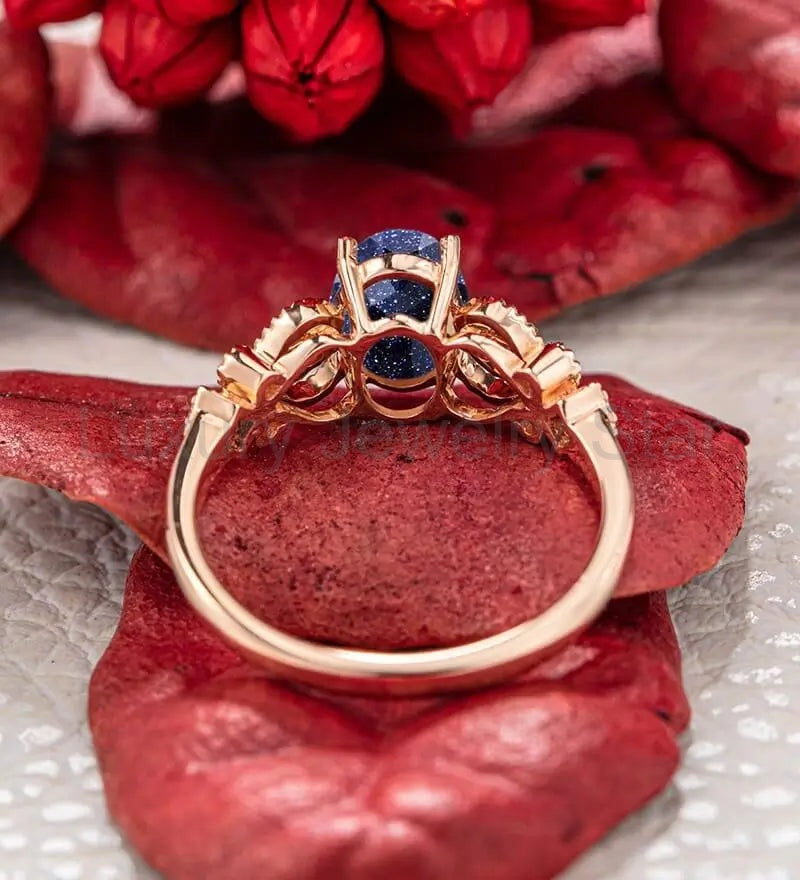 Oval Cut Blue Sandstone Engagement Ring Moissanite Diamond Wedding Ring Vintage Rose Gold - image 3