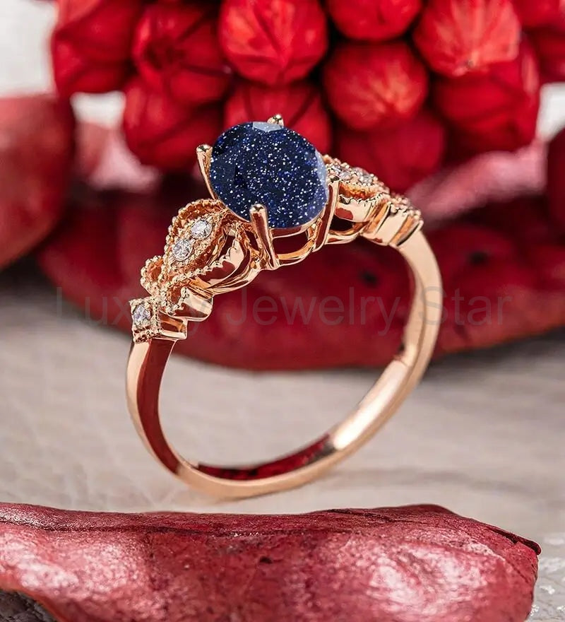 Oval Cut Blue Sandstone Engagement Ring Moissanite Diamond Wedding Ring Vintage Rose Gold - image 4