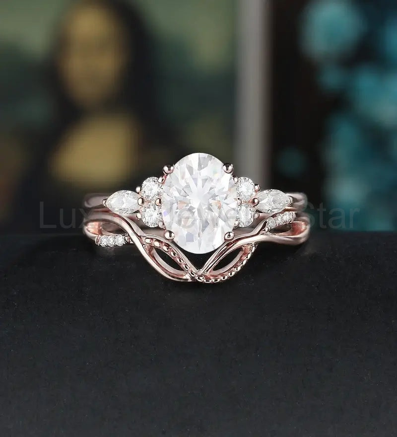 Oval Cut Moissanite Bridal Set Engagement Ring Set Vintage Bridal Set Anniversary Diamond Wedding