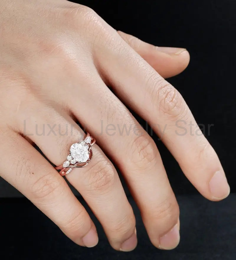 Oval Cut Moissanite Bridal Set Engagement Ring Set Vintage Bridal Set Anniversary Diamond - image 5