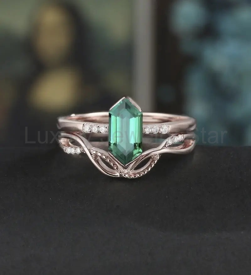 Long Hexagon Emerald Bridal Set Solid Gold Engagement Ring Set Unique Dimond Bridal Set Anniversary