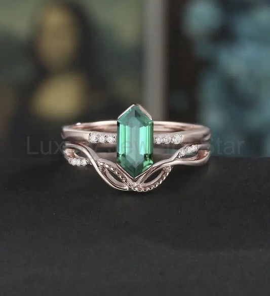 Long Hexagon Emerald Bridal Set Solid Gold Engagement Ring Set Unique Dimond Bridal Set Anniversary