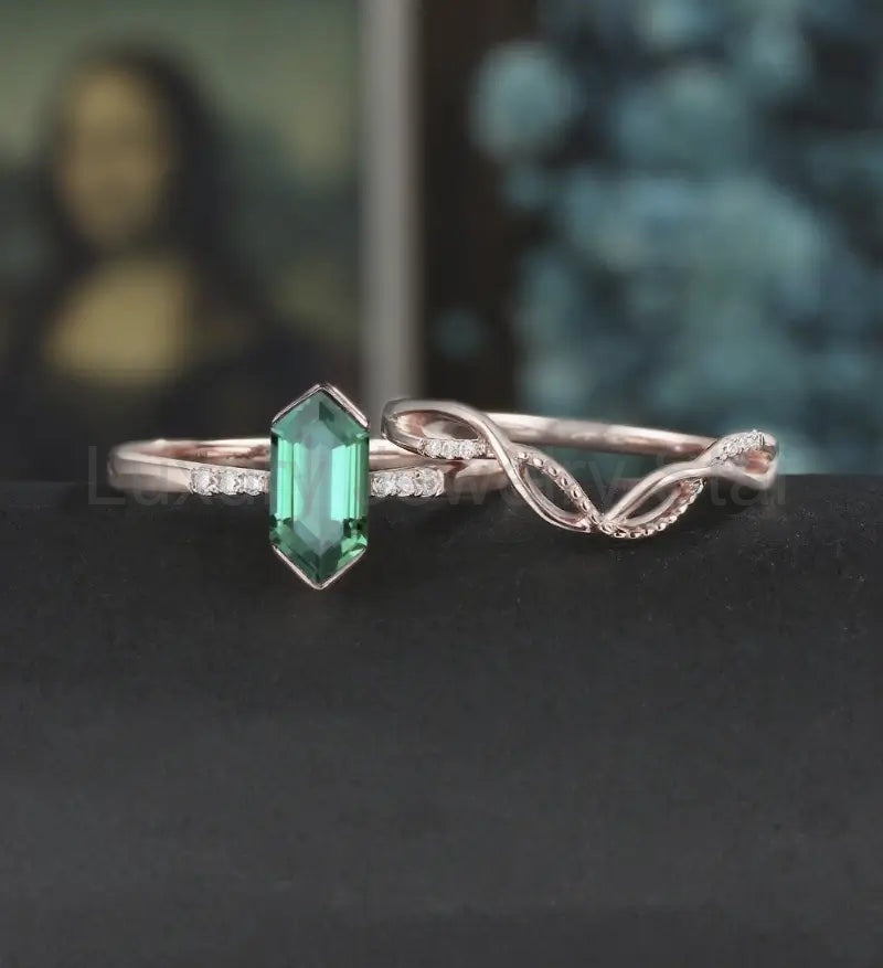 Long Hexagon Emerald Bridal Set Solid Gold Engagement Ring Set Unique Dimond Bridal Set - image 2