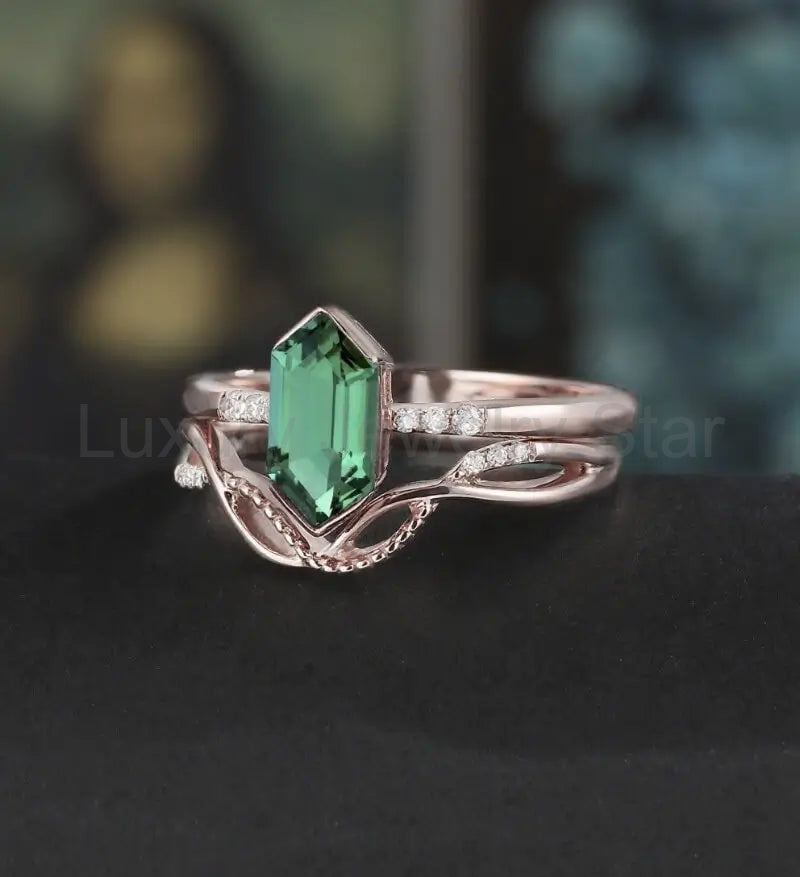 Long Hexagon Emerald Bridal Set Solid Gold Engagement Ring Set Unique Dimond Bridal Set - image 3