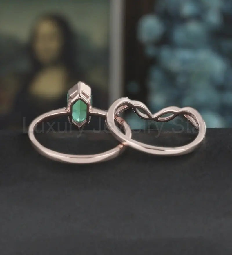Long Hexagon Emerald Bridal Set Solid Gold Engagement Ring Set Unique Dimond Bridal Set - image 4