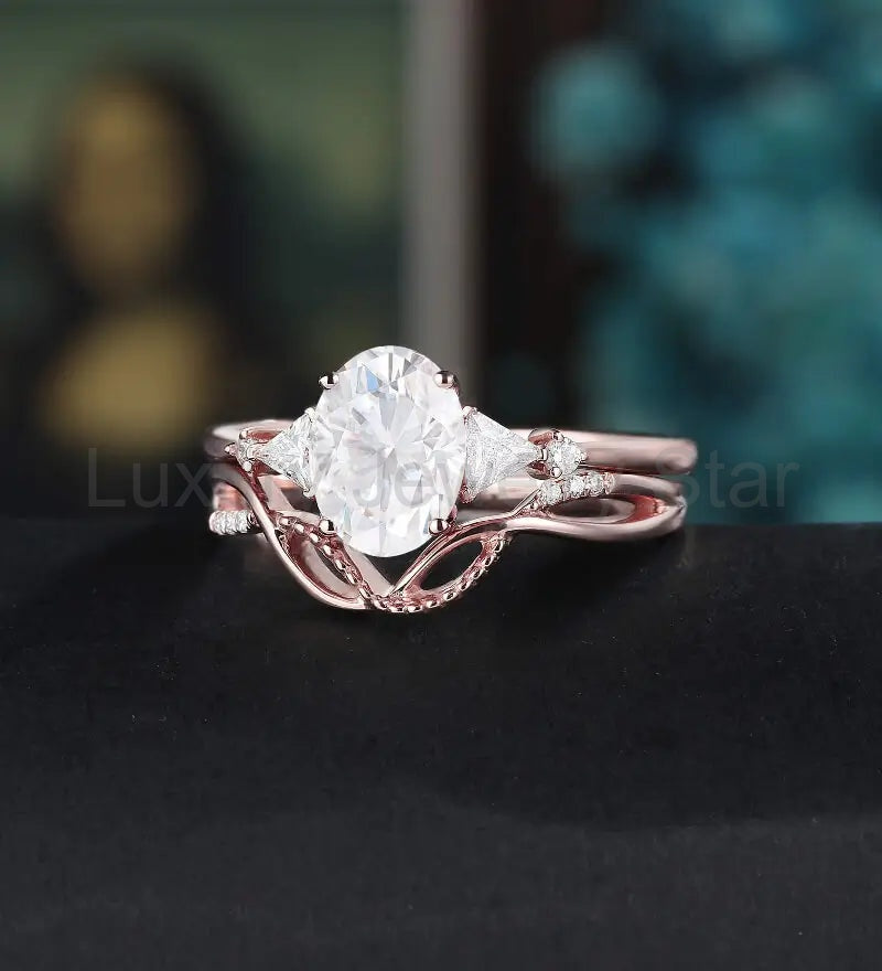 Oval Cut Moissanite Bridal Set Solid Gold Engagement Ring Set Anniversary Diamond Wedding - image 3