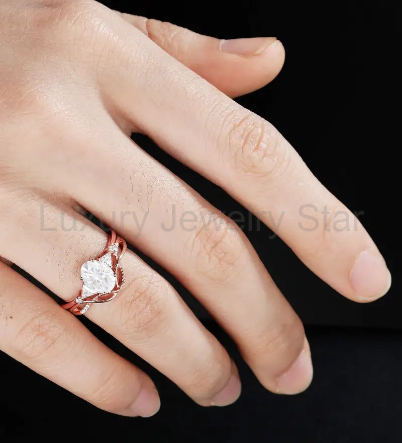 Oval Cut Moissanite Bridal Set Solid Gold Engagement Ring Set Anniversary Diamond Wedding - image 5