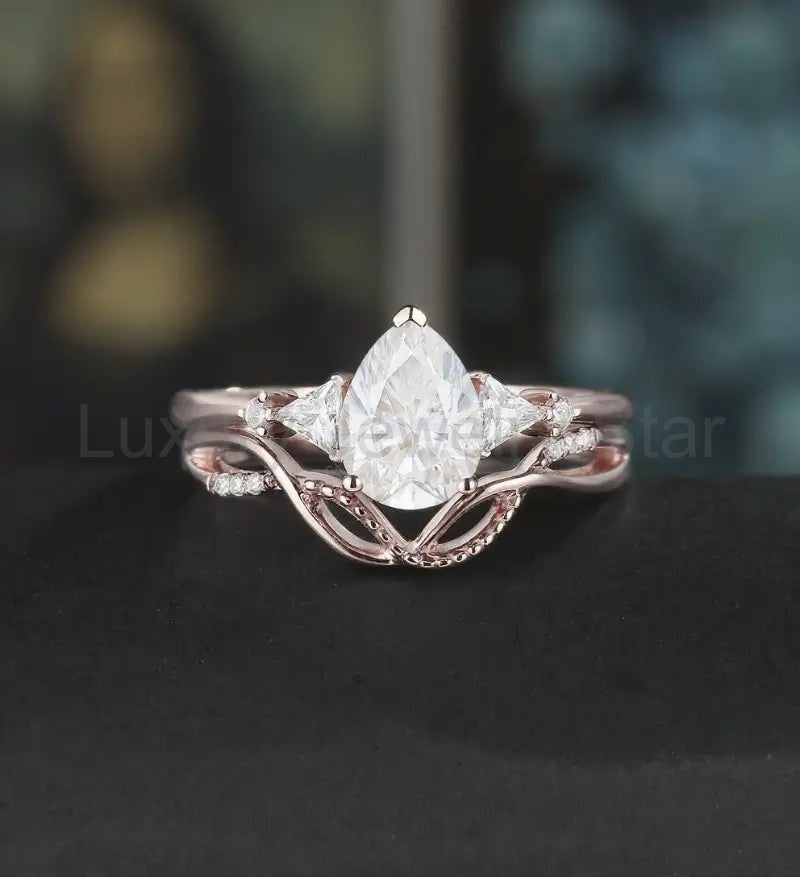 Pear Shaped Moissanite Bridal Set Solid Gold Engagement Ring Set Vintage Bridal Set Anniversary