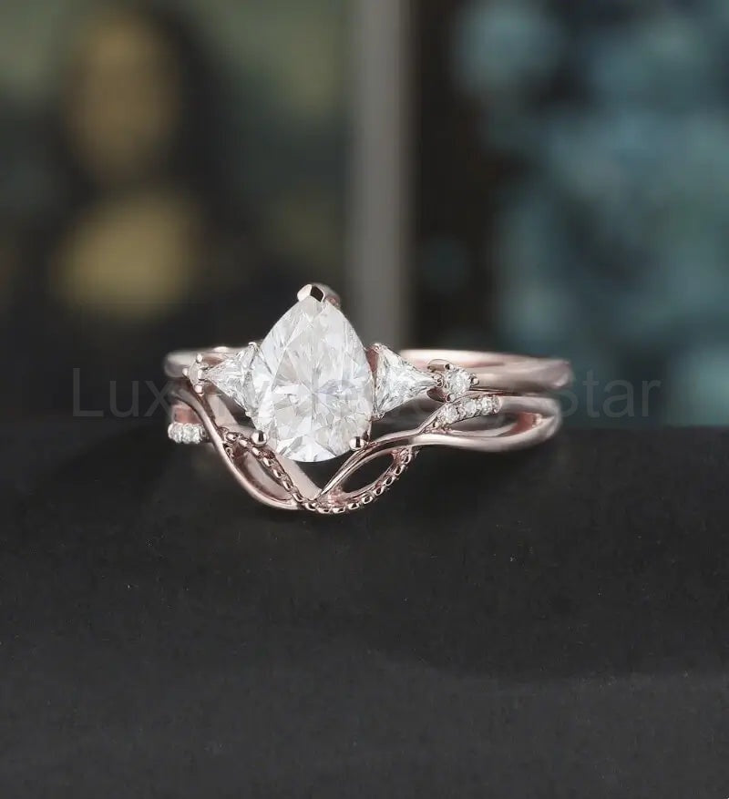 Pear Shaped Moissanite Bridal Set Solid Gold Engagement Ring Set Vintage Bridal Set - image 3