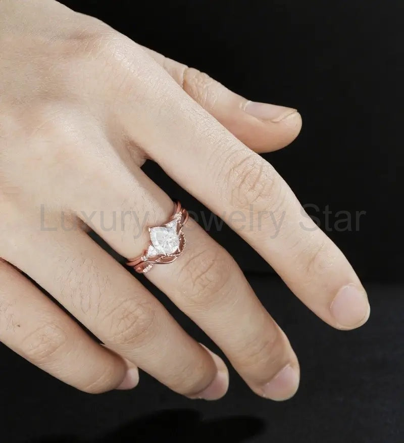 Pear Shaped Moissanite Bridal Set Solid Gold Engagement Ring Set Vintage Bridal Set - image 5