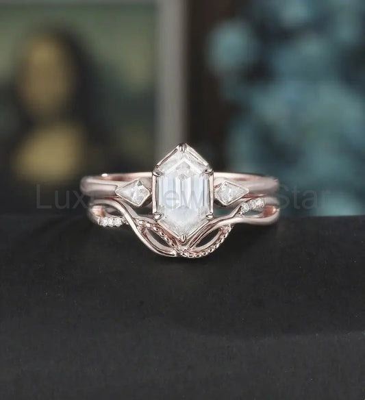 Long Hexagon Moissanite Bridal Set Solid Gold Engagement Ring Set Unique Bridal Set Anniversary