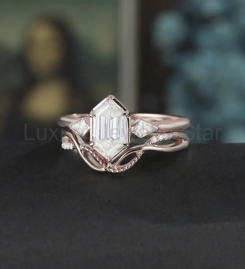 Long Hexagon Moissanite Bridal Set Solid Gold Engagement Ring Set Unique Bridal Set - image 3
