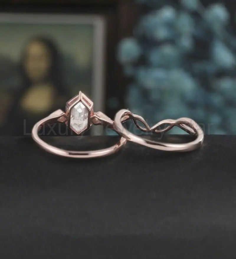 Long Hexagon Moissanite Bridal Set Solid Gold Engagement Ring Set Unique Bridal Set - image 4