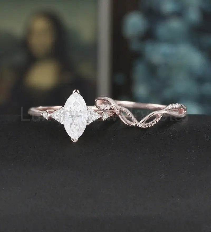 Marquise Cut Moissanite Ring Set Solid Gold Engagement bridal set Moissanite Bridal Set - image 2