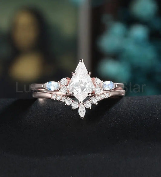 Kite Cut Moissanite Bridal Set Solid Gold Engagement Ring Set Marquise Moonstone Bridal Set