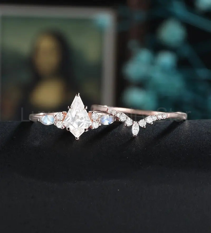 Kite Cut Moissanite Bridal Set Solid Gold Engagement Ring Set Marquise Moonstone Bridal - image 2