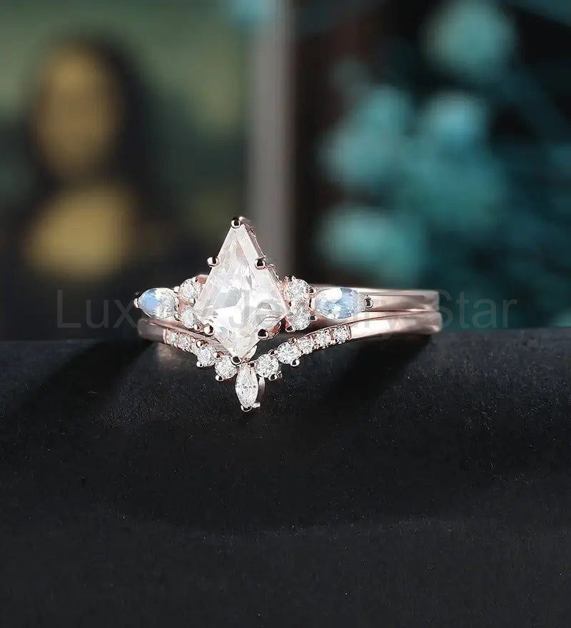 Kite Cut Moissanite Bridal Set Solid Gold Engagement Ring Set Marquise Moonstone Bridal - image 3