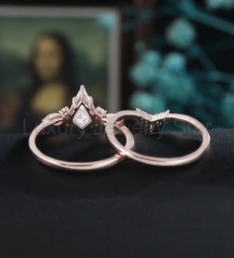 Kite Cut Moissanite Bridal Set Solid Gold Engagement Ring Set Marquise Moonstone Bridal - image 4