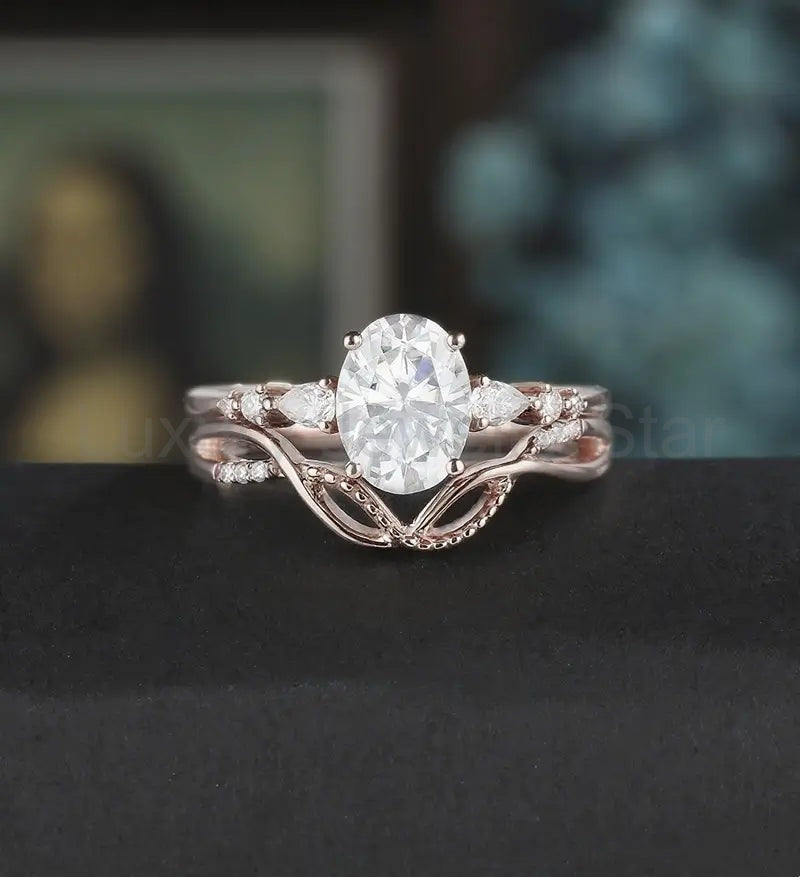 Vintage Oval Cut Engagement Ring Set Solid Gold Bridal Set Diamond Wedding Ring Anniversary Promise