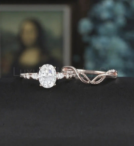 Vintage Oval Cut Engagement Ring Set Solid Gold Bridal Set Diamond Wedding Ring - image 2