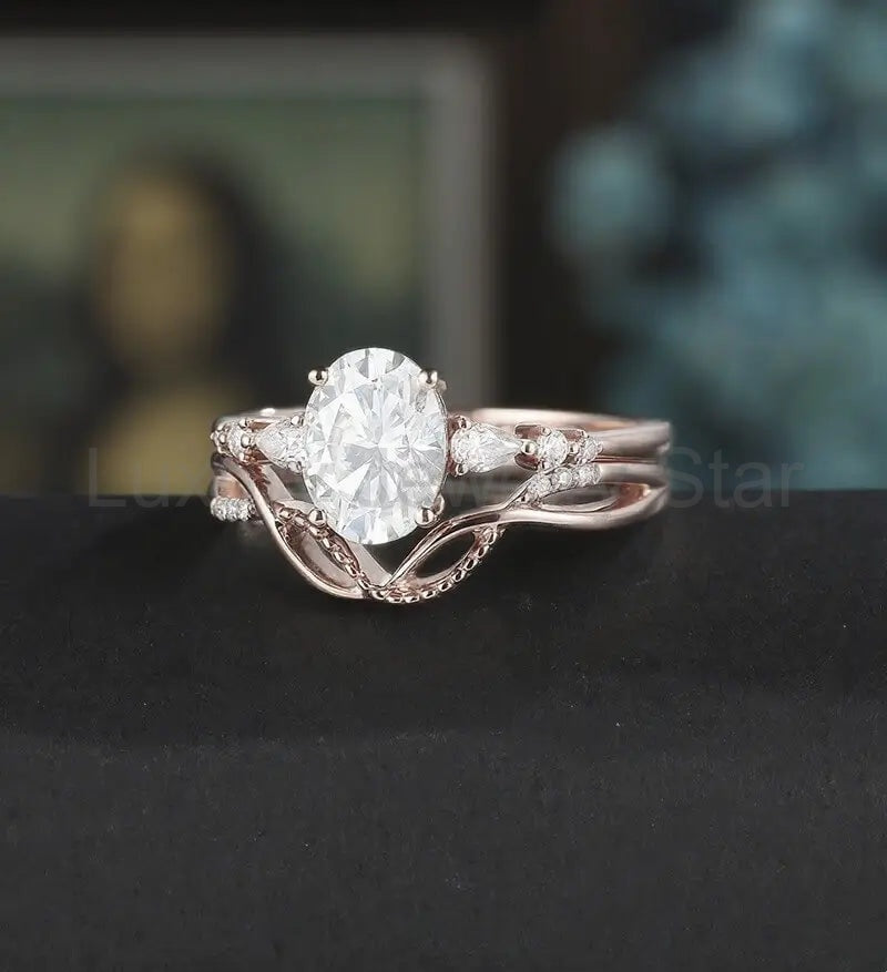 Vintage Oval Cut Engagement Ring Set Solid Gold Bridal Set Diamond Wedding Ring - image 3