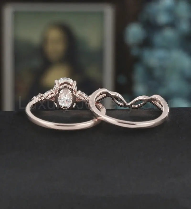 Vintage Oval Cut Engagement Ring Set Solid Gold Bridal Set Diamond Wedding Ring - image 4