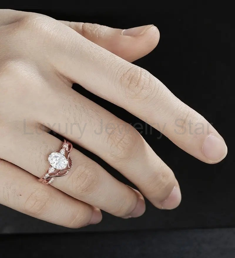Vintage Oval Cut Engagement Ring Set Solid Gold Bridal Set Diamond Wedding Ring - image 5