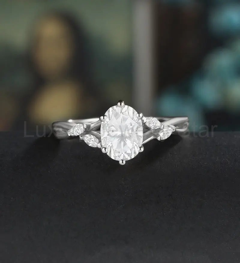Oval Cut Moissanite Engagement Ring Marquise Monstone Solid Gold Promise Ring Unique Anniversary