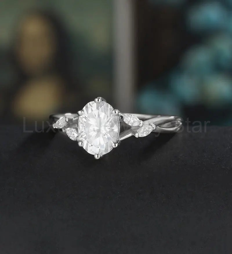 Oval Cut Moissanite Engagement Ring Marquise Monstone Solid Gold Promise Ring Unique - image 2