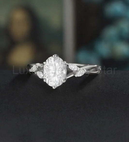 Oval Cut Moissanite Engagement Ring Marquise Monstone Solid Gold Promise Ring Unique - image 2