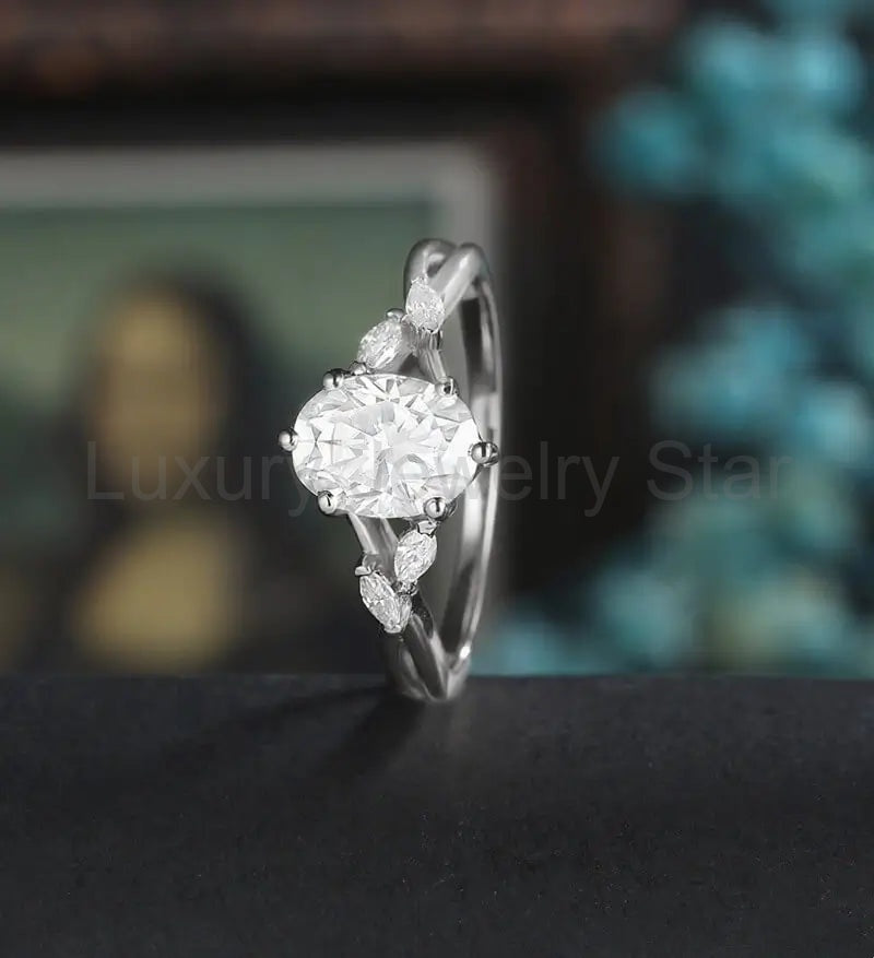 Oval Cut Moissanite Engagement Ring Marquise Monstone Solid Gold Promise Ring Unique - image 4