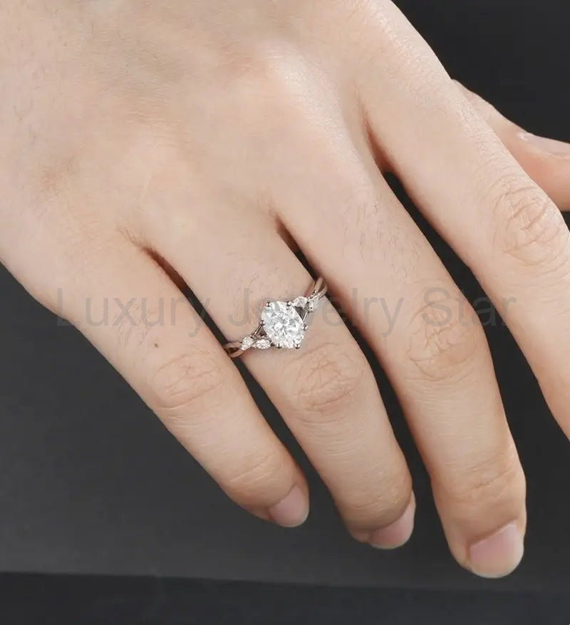 Oval Cut Moissanite Engagement Ring Marquise Monstone Solid Gold Promise Ring Unique - image 5