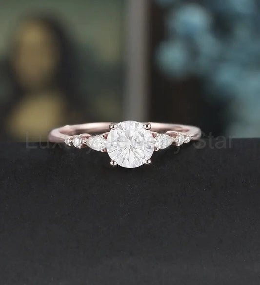 Round Cut Moissanite Engagement Ring Pear Shaped Diamond Wedding Ring Vintage Rose Gold Bridal Ring