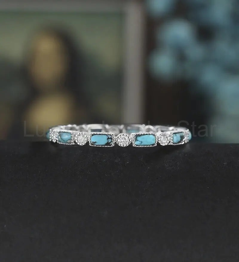 Baguette Cut Turquoise Wedding Band Full Eternity Moissanite White Gold Wedding Ring Unique Diamond