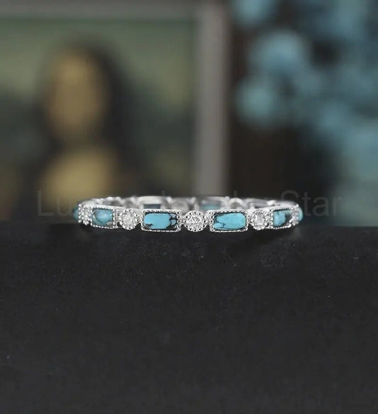 Baguette Cut Turquoise Wedding Band Full Eternity Moissanite White Gold Wedding Ring Unique Diamond