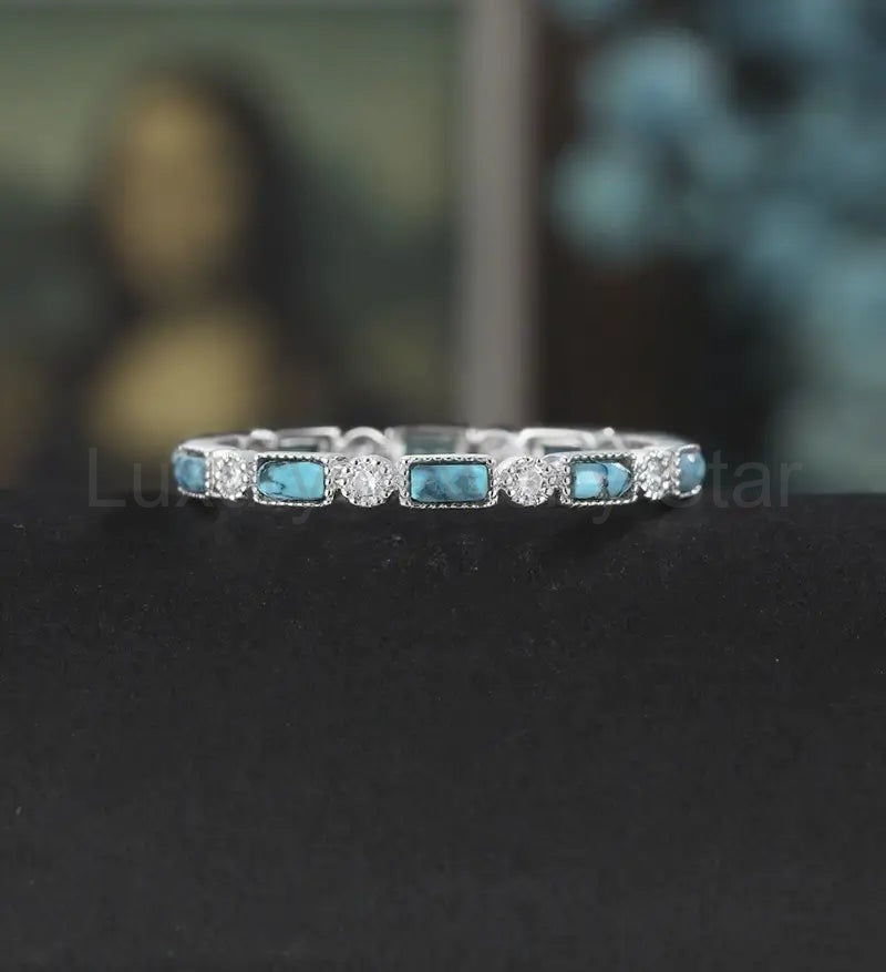 Baguette Cut Turquoise Wedding Band Full Eternity Moissanite White Gold Wedding Ring - image 2
