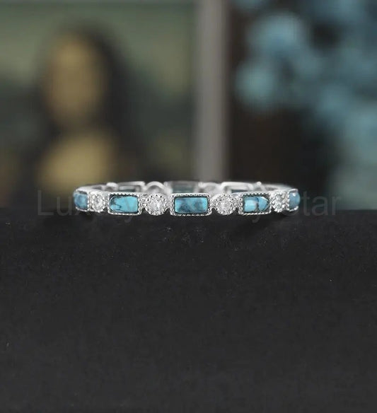 Baguette Cut Turquoise Wedding Band Full Eternity Moissanite White Gold Wedding Ring - image 2