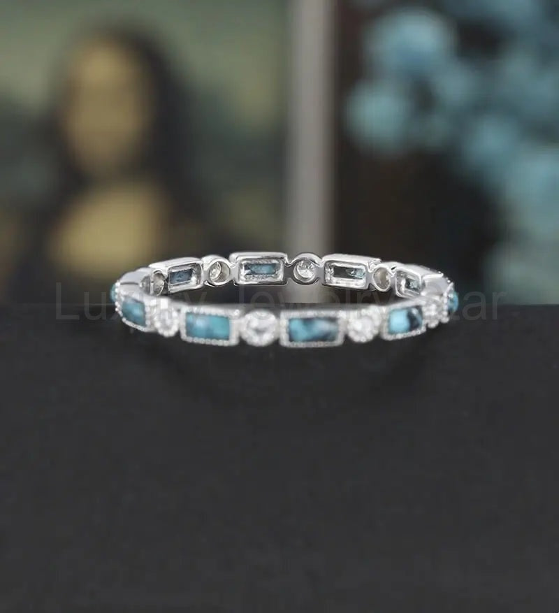 Baguette Cut Turquoise Wedding Band Full Eternity Moissanite White Gold Wedding Ring - image 3